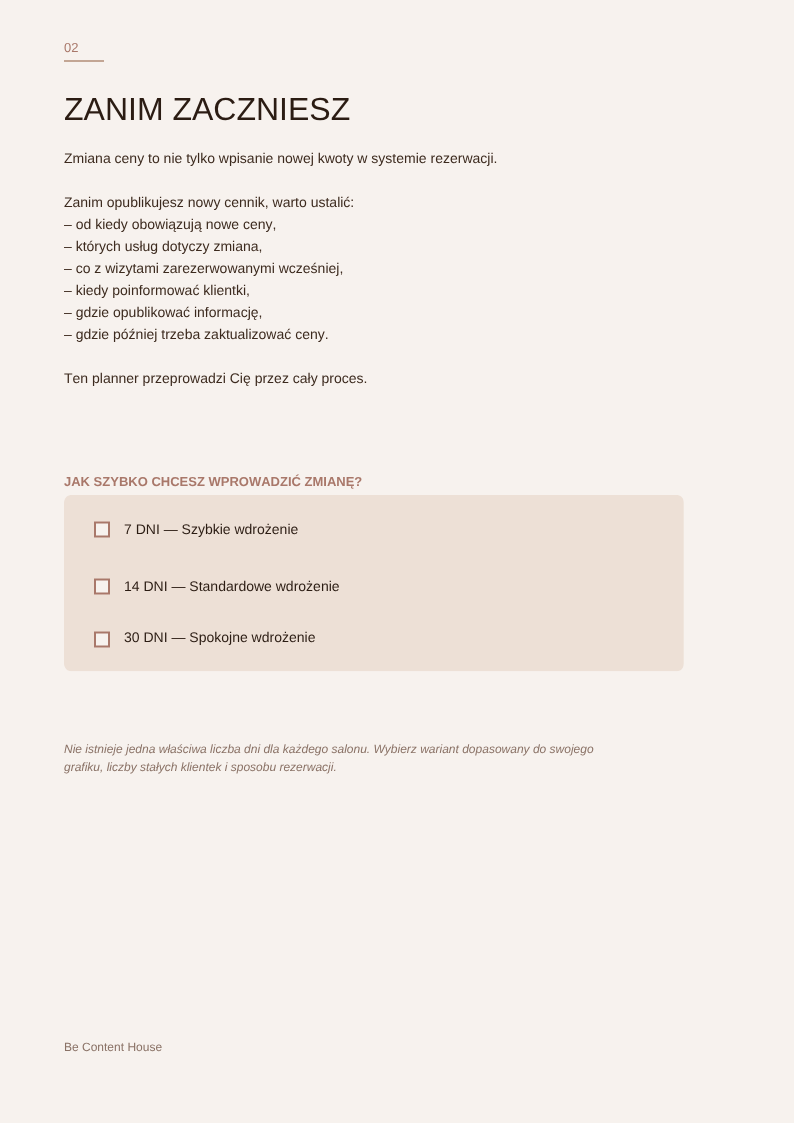 Planner NOWY CENNIK — strona „Zanim zaczniesz”